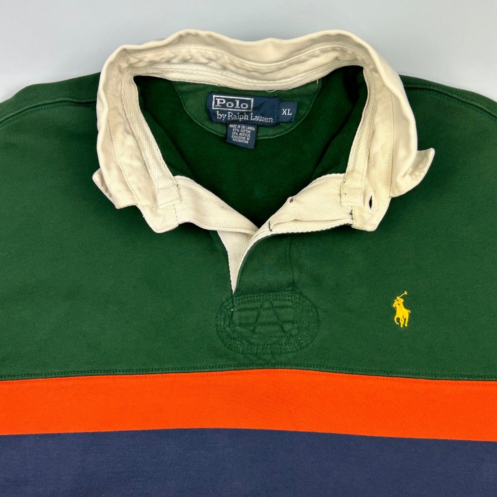 Polo Ralph Lauren Mens XL Rugby Shirt Green Orange Stripe Long Sleeve Cotton VTG - Picture 4 of 10